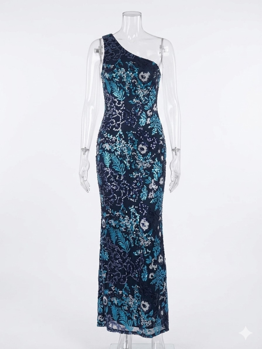 Oleg Cassini Navy One-Shoulder Floral Sequin Gown Teal Accents Dress Size S